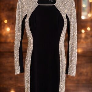Black Bodycon Dress with Rhinestone Embellished Sleeves & Panels